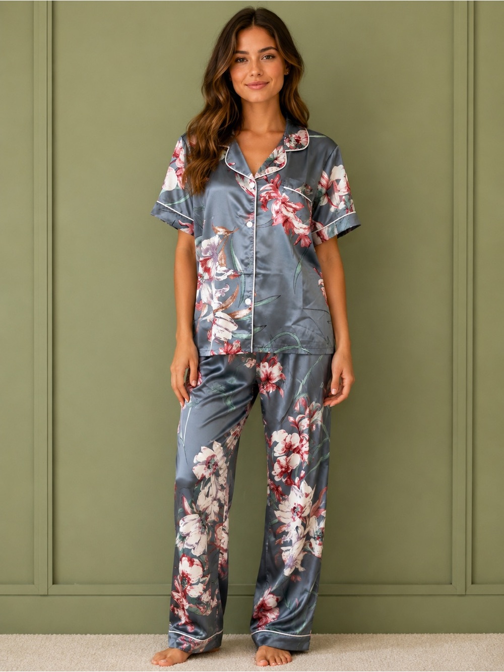 Gray Silky Floral Pajama Set